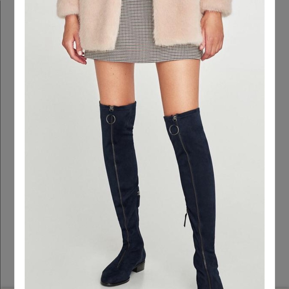 Zara Navy over the knee zip up boots